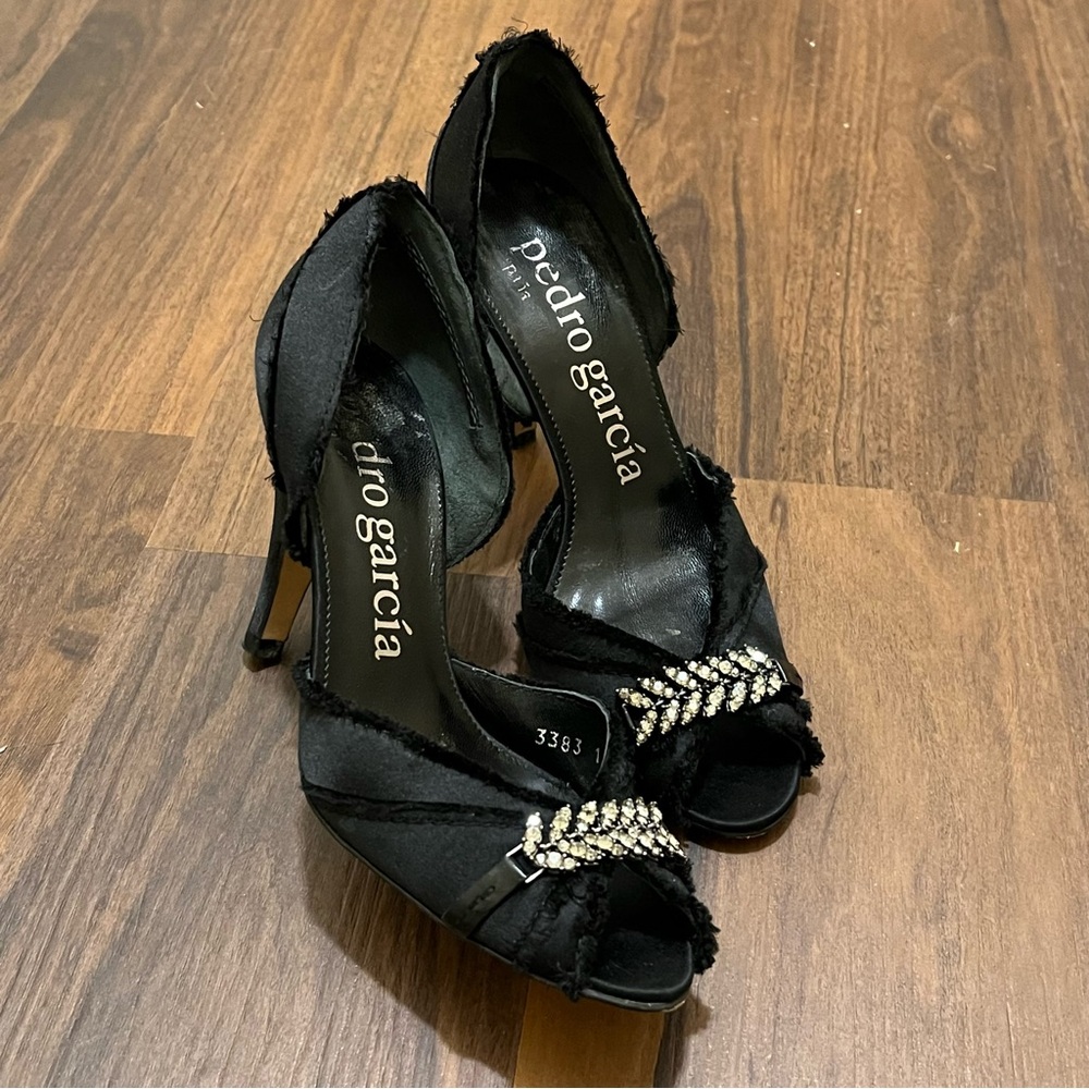 Pedro Garcia black satin “Dior” heels with Swarovski crystals
